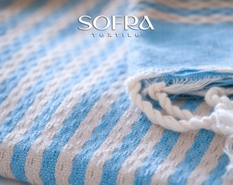 Toalha e manta tunisiana orgânica feita à mão - Listradas em azul-turquesa e cinza.
