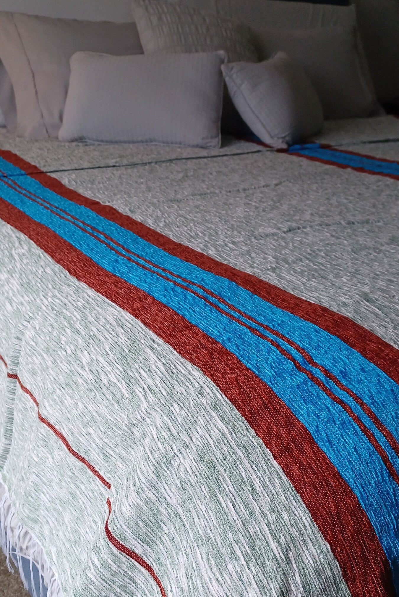 Organic cotton Khaki, Turquoise, Rust Velour King Blanket, Handmade