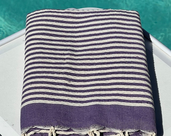 Sofra Textiles Cotton Purple Stripe Mediterranean Waffle Towel Beach Blanket, Handmade 40x80 inches Waffle Tablecloth, Best Picnic Throw