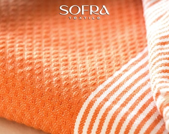 Toalha e manta tunisiana clássica orgânica feita à mão - Listrada em laranja e branco.