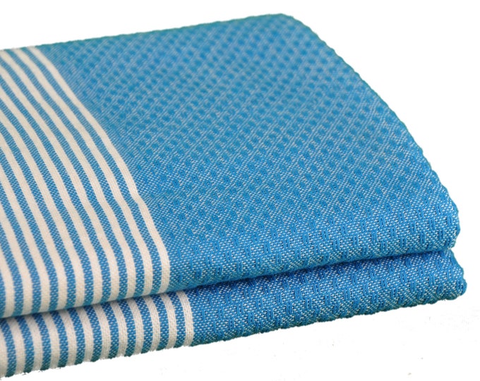 Sofra Textiles Handmade Aqua Blue Classic Mediterranean Bath Towel, 38x78 inches High Quality Beach Towels, Tunisian Organic Tea Towel Warp