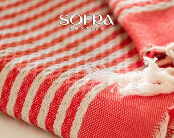 Toalha e manta tunisianas feitas à mão - Listradas em vermelho e branco.