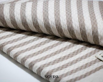 Toalha e manta tunisiana orgânica feita à mão - Listrada em tons de bege claro e branco.