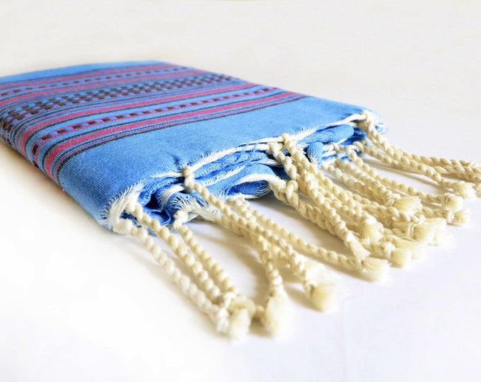 Sofra Textiles Handmade Traditional Mediterranean Towel in Blue & Pink, Organic Cotton Robin Egg Waffle Wrap, Best Towel for Beach Travel