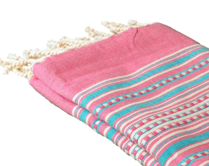 Sofra Textiles Nomad Pink & Blue Multicolor African Beach Towel, Handmade 38x78 inches Waffle Throw, Best Throw for Home Décor and Picnics