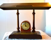 1930 39 s Wood and Metal Industrial Pre War Office Library Study Desk Lamp with clock Monopoly Font on Face Florescent Bulb Heavy Duty AS IS