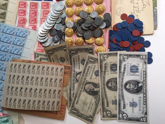 ESTATE LOT ALL WWII COINS+MEMORABILIA+SILVER+CURRENCY+RATION TOKENS+STAMPS #/%25