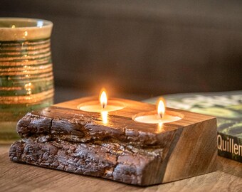 Walnut with bark, double tealight holder.
