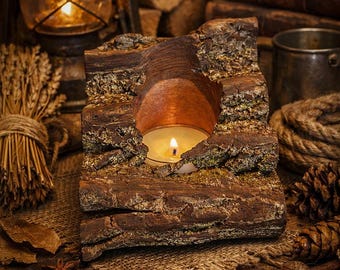 Walnut tealight holder with bark - Rustic
