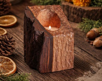 Walnut tealight holder with natural bark