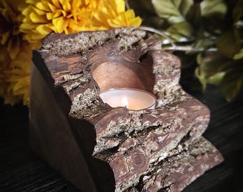 Rustic tealight candle holder - Walnut with bark