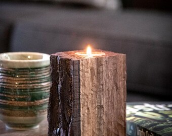 Tealight candle holder made from walnut wood with bark