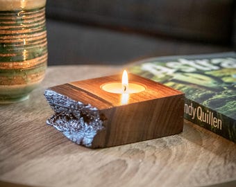 Walnut tealight holder with it's natural tree bark