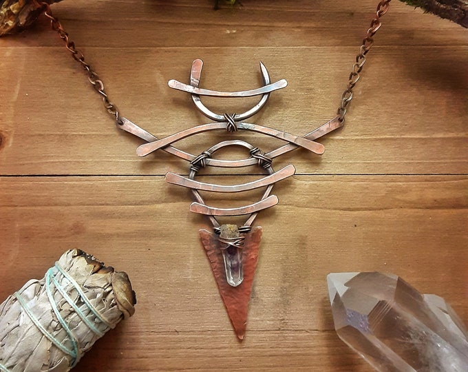 Quartz Necklace Smoky Quartz Necklace Wire Wrapped Necklace Primitive Necklace Boho Necklace Tribal Copper Necklace with Quartz