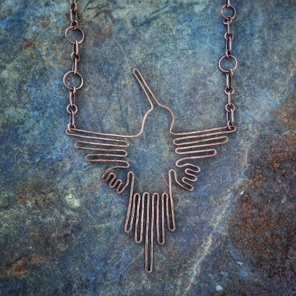 Copper Hummingbird Necklace with Custom Handmade Chain / Peruvian Nazca Lines Colibrí Pendant