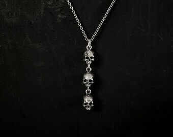 Skull Trio Necklace Sterling Silver Pendant Skulls Y Necklace gothic dark memento mori remains jewelry