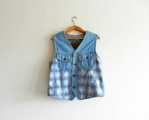 Vintage Plaid Jeans Vest Denim Jacket 