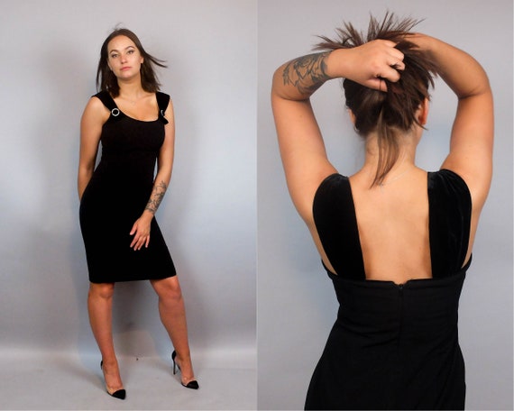 Vintage 80s Mini Black Cocktail Dress, Bodycon Li… - image 1