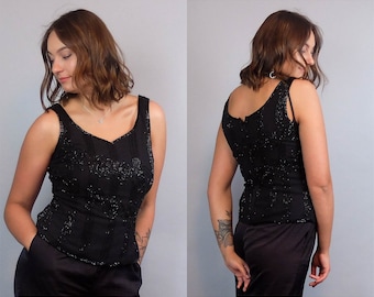 Vintage-schwarz verziert Paillettentop, Jahrgang Vintage Abend Cocktail Partei Bluse