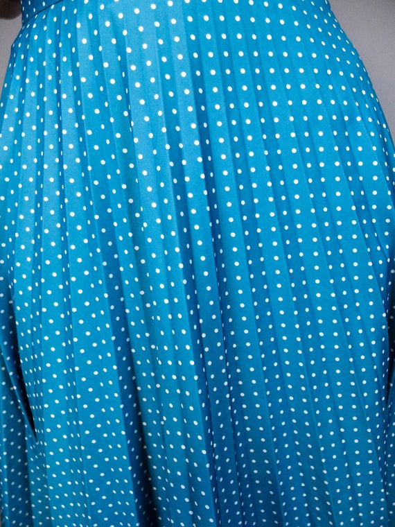 70s Vintage Blue Black Polka Dot Midi Pleated Ski… - image 6