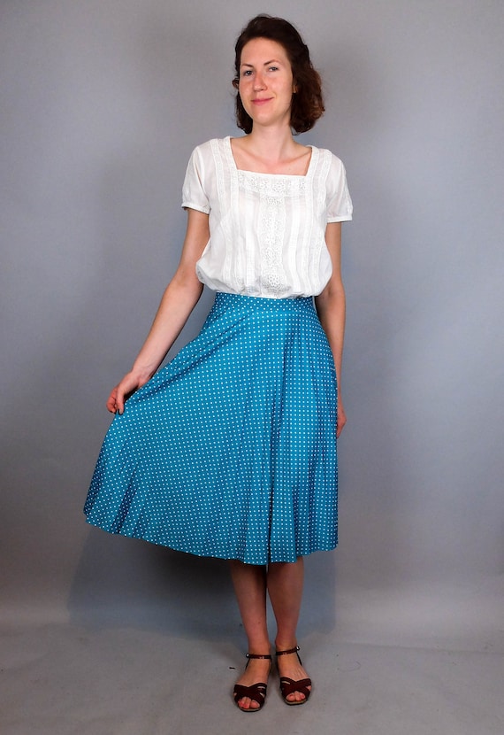 70s Vintage Blue Black Polka Dot Midi Pleated Ski… - image 2