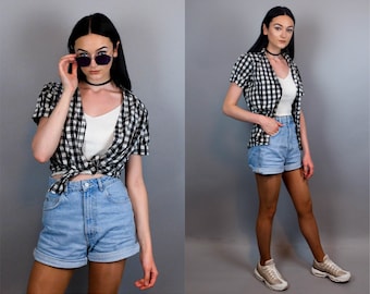 90s Vintage Plaid camiseta de verano para las mujeres, botón abajo mangas cortas blusa Top Grunge Punk Rocker Festival Ropa