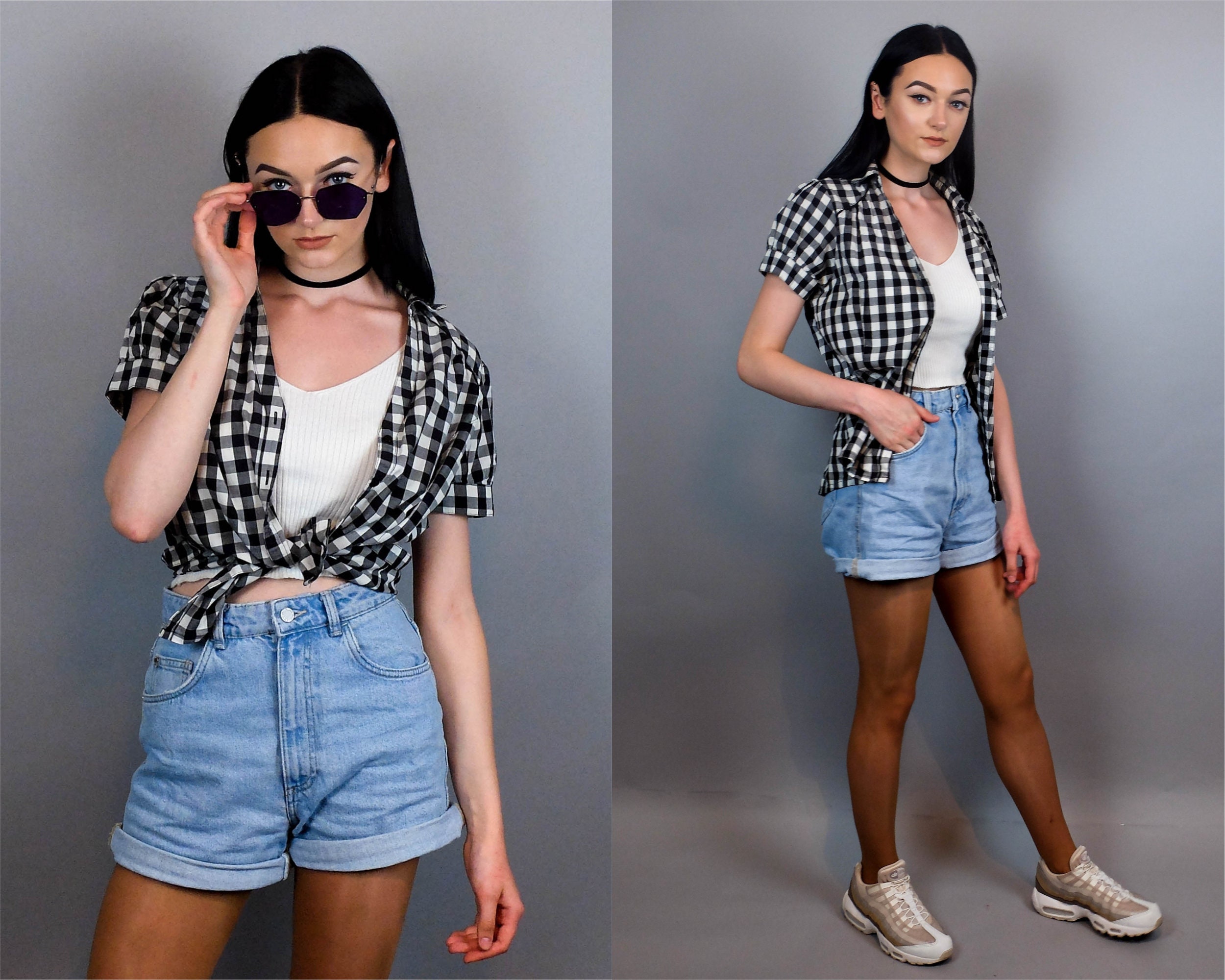 90s Vintage Plaid Summer Shirt for Women, Button Down Short