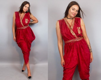 70s Vintage Oriental estilo harem pantalones Boho Overalls para las mujeres, terciopelo marroquí bordado Harem pantalones Jumpsuit Ginny Halloween traje
