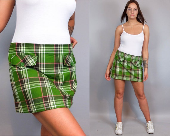 90s Vintage Green Plaid Mini Skirt, Vintage Tartan Skirt