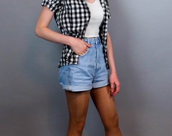 90s Vintage Plaid Summer Shirt for Women, Button Down Short 90s Vintage Plaid Summer Shirt for Women, Button Down Short