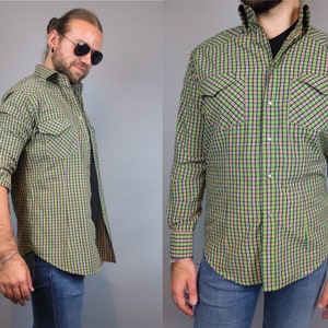 Koszula męska w kratę w stylu western z lat 80., koszule męskie z długim rękawem w stylu vintage z lat 80., koszula w kratę, bawełniana koszula z guzikami w stylu grunge, odzież hipsterska M