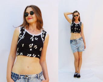 Vintage 70s Hippie Cotton Black White Cherry print Women Crop Top, Tank Blouse 1970s Clothing Women Sexy Top Western Cowgirl Festival outfit