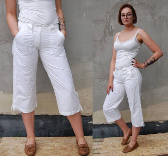 90s Vintage White Cotton Blend Women Capri Pants, Jogging Pants Sportswear  Trousers, Vintage Activewear, Cropped Pants Fitness Tracksuit M S 