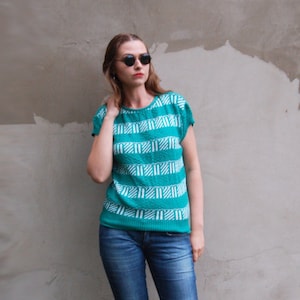 90er Jahre Vintage grün gestrickt gestreifte Bluse, Scoop Neck kurze Ärmel Pullover, Streifen t-Shirt Frauen Top, Hipster Kleidung, Colorblock Pullover M