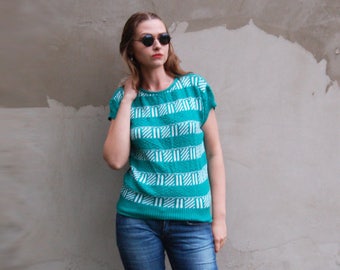 90s Vintage Green Knitted Striped Blouse, Scoop Neck Short Sleeve Sweater, Stripes tshirt Women Top, Hipster Clothing, Colorblock Pullover M