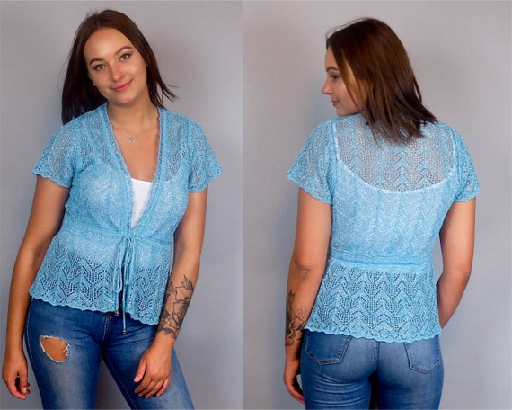 Vintage Turquoise Blue Crochet Women Blouse Cardigan Wrap Top, Boho Hippie Metallic Vest Jacket Blazer, Gipsy Rocker Festival Clothing L M S