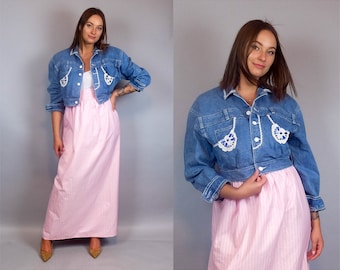 Vintage Boho Cropped Denim Jacket for Women, Boxy  Embroidered Hippie Jean Jacket
