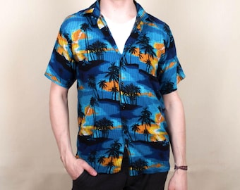 90s Vintage Hawaiian Shirt Mens M – Aloha Button Down Palm Tree Sunset Print Surf Beach Shirt Summer Hipster Clothing Gift for Boyfriend Him