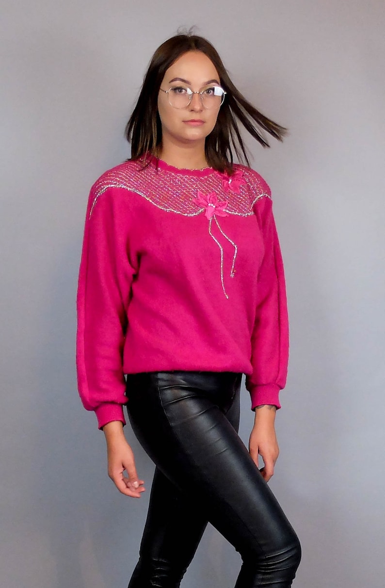 80s Vintage Applique Hot Pink Women Sweater, Shoulder Pad Sweater