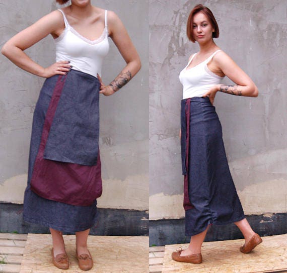 Layered Denim Maxi Skirt Casual 