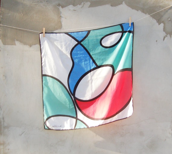 70s Vintage Designer Scarf in Abstract Print, Colorful Scarf, Mod scarf, Women Scarf, Ladies Scarves Retro French Scarf Vintage Accessories