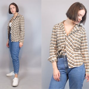 90s Vintage Plaid Flannel Shirt for Women, Button Down Distressed Checked Lumberjack Long sleeved Blouse Top Grunge Clothing
