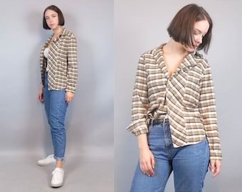 90s Vintage Plaid Flannel Shirt for Women, Button Down Distressed Checked Lumberjack Long sleeved Blouse Top Grunge Clothing