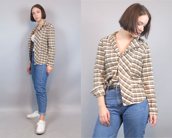 90s Vintage Plaid Flannel Shirt for Women, Button Down Distressed Checked Lumberjack Long sleeved Blouse Top Grunge Clothing