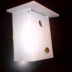 May include: A white wooden birdhouse with a small round opening and a gold knob. The birdhouse has a pitched roof and is sitting on a black surface.