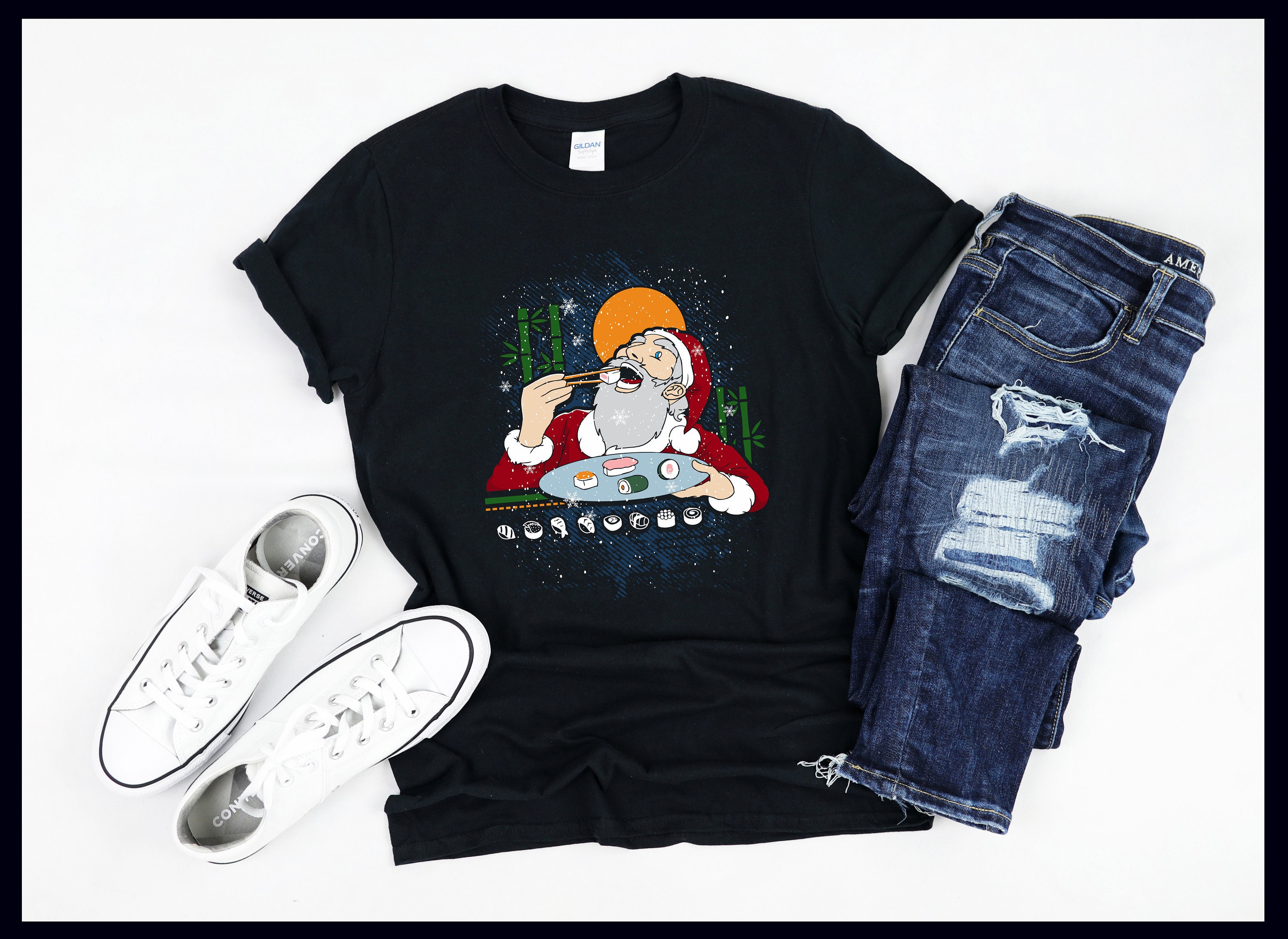 Sumo Wrestler Santa Claus Eating Sushi With Chopsticks I Wish You