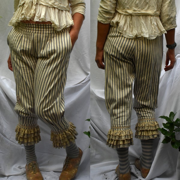 Striped ruffled steampunk bloomers. MADE to ORDER. Lagenlook frilly trousers, Victorian Edwardian style pantaloons.