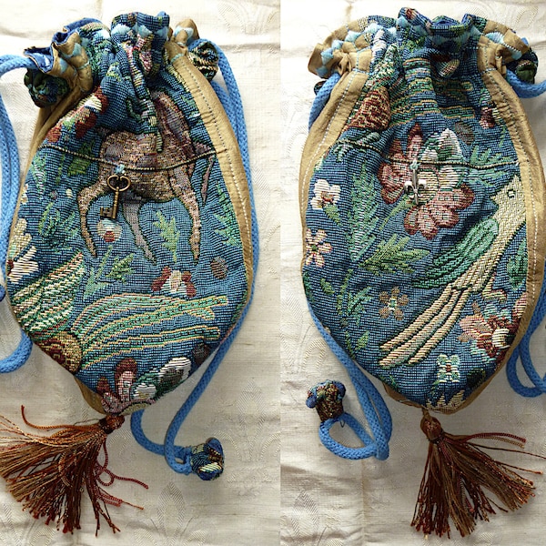 Tudor Animals tapestry & silk drawstring bags, Made To Order. Historical mediaeval purse, aumônnière, pochette, pouch, reticule wristlet.