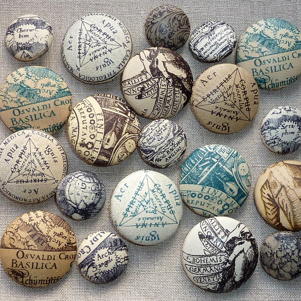 Leather buttons or badges,  printed with alchemy kabbalah 16th century motifs on beige lambskin, for jackets coats hats, clothing, jewellery