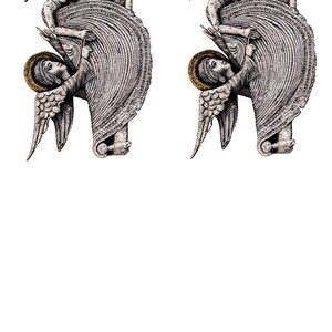 May include: A black and white illustration of a three-headed figure with a halo, surrounded by an angel with wings. The angel is holding a staff and the figure is wearing a crown.